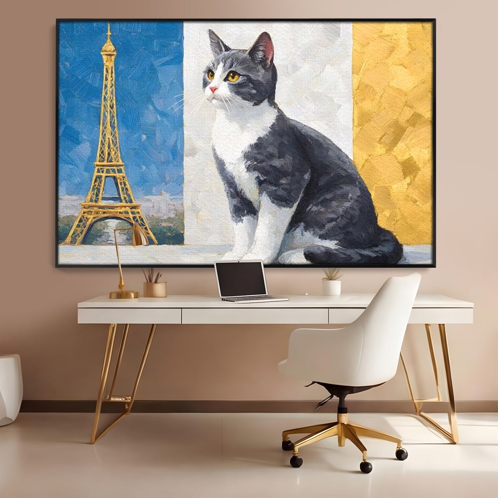 Tablou canvas cu tablou canvas cu pisica si turnul eiffel, in rama de aluminiu negru, pe perete intr-un birou